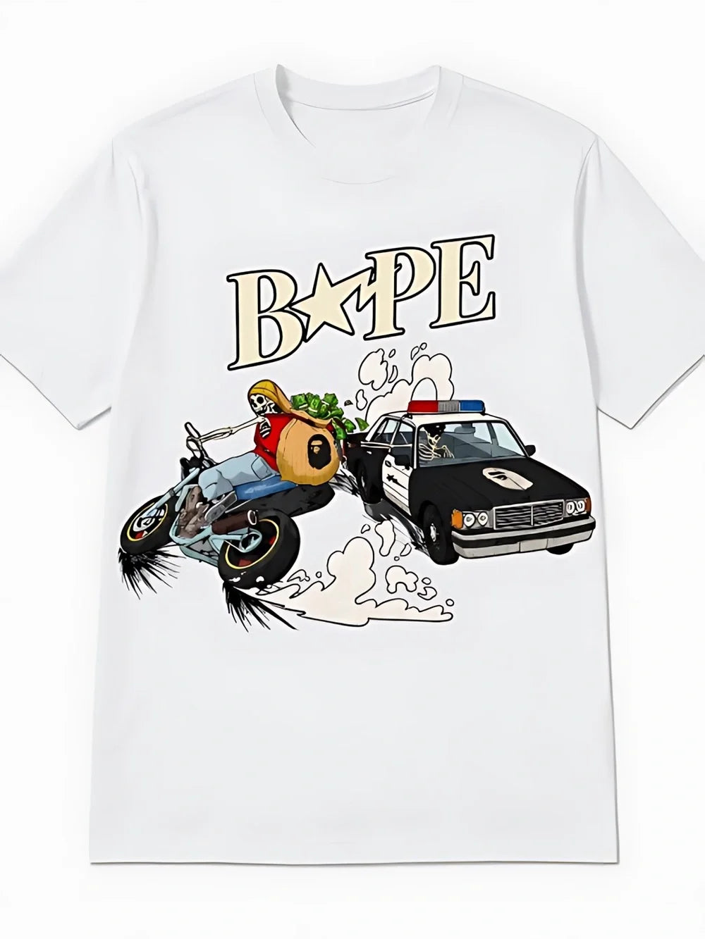 Street Chase Skeleton Graphic T-Shirt | Motorcycle Rider Cartoon T-shirt Unisex - T-Shirt, Sweatshirt, Hoodie