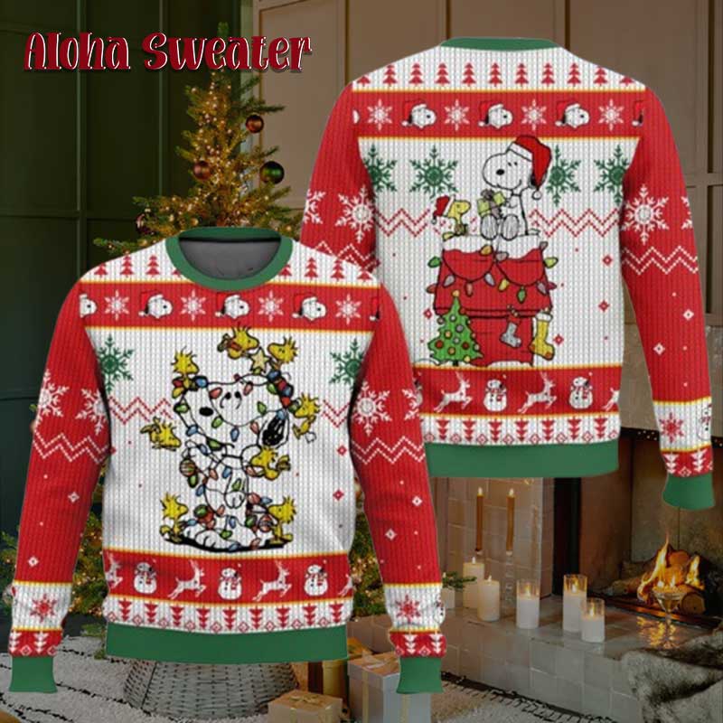 Snoopy Wrapped In Christmas Light Ugly Christmas Sweater product image