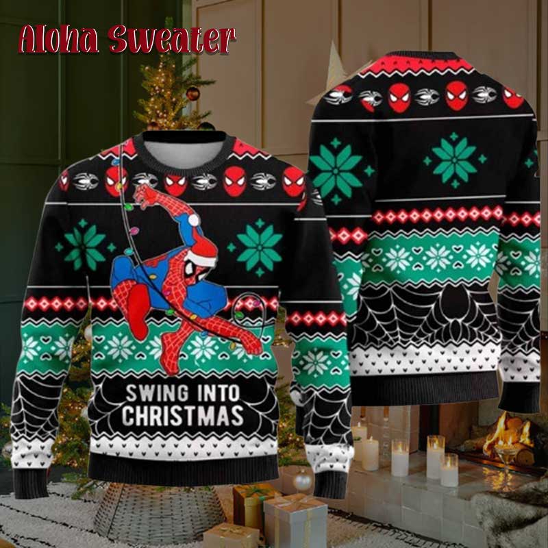 Spider Man Swing Into Christmas Ugly Christmas Sweater product image