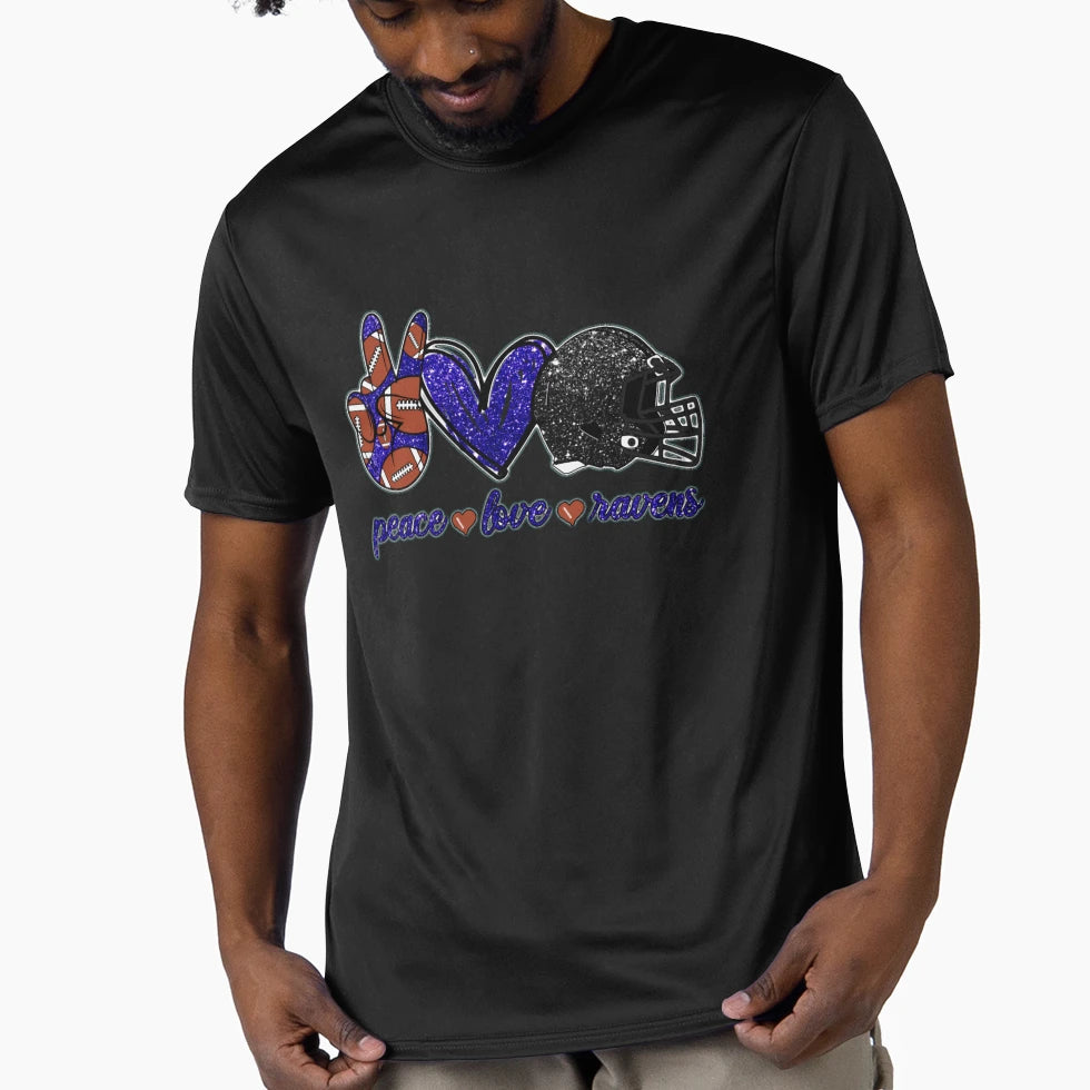 Peace Love Ravens Football Team Active T-Shirt - Fun Novelty Design Unisex - T-Shirt, Sweatshirt, Hoodie