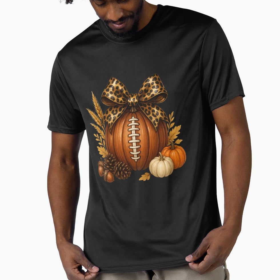 Pumpkin Football Leopard Bow Fall T-Shirt - Unique Graphic for Adults - T-Shirt, Sweatshirt, Hoodie