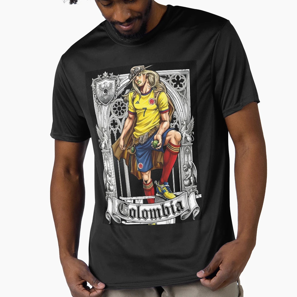 Colombian Football Hero Gothic Cape T-Shirt - Unique Graphic for Adults - T-Shirt, Sweatshirt, Hoodie