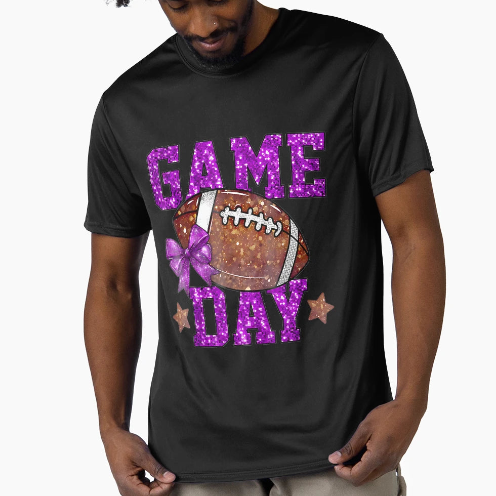 Glitter Football Mom Game Day Purple Stars T-Shirt - Graphic Print Unisex - T-Shirt, Sweatshirt, Hoodie