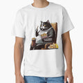 Black And White Fat Cat Watching T-Shirt - Custom Art Print for Adults - T-Shirt, Sweatshirt, Hoodie