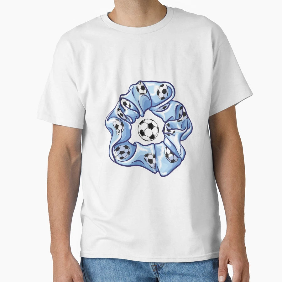 Soccer Ball Pattern Scrunchie And Blue T-Shirt - Minimalist Print Unisex - T-Shirt, Sweatshirt, Hoodie