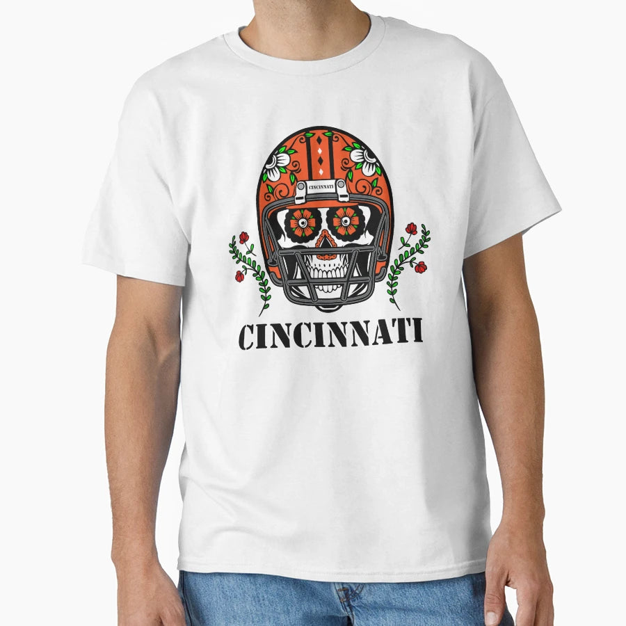 Cincinnati Football Helmet Sugar Skull T-Shirt - Unique Graphic for Adults - T-Shirt, Sweatshirt, Hoodie