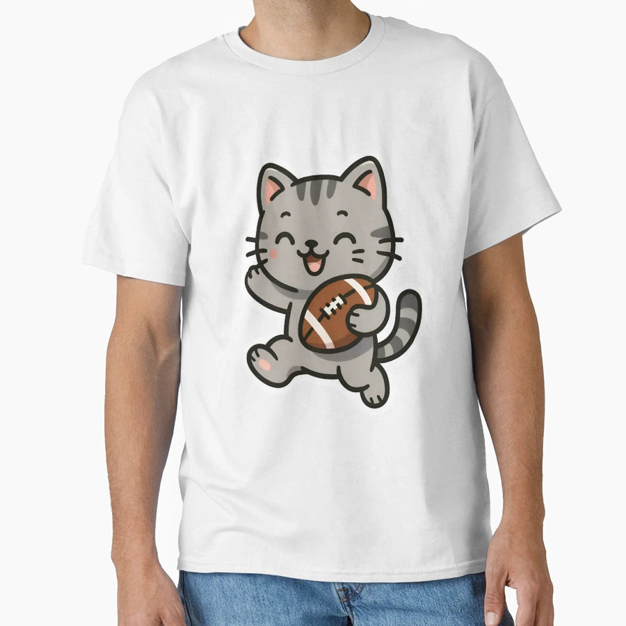 Kawaii Cat Playing Football T-Shirt - Custom Art Print for Adults - T-Shirt, Sweatshirt, Hoodie