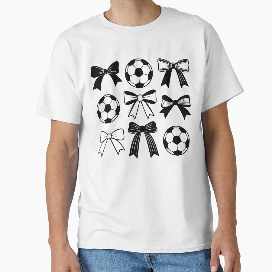 Black And White Soccer And Bow Icon T-Shirt - Aesthetic Graphic for Adults - T-Shirt, Sweatshirt, Hoodie