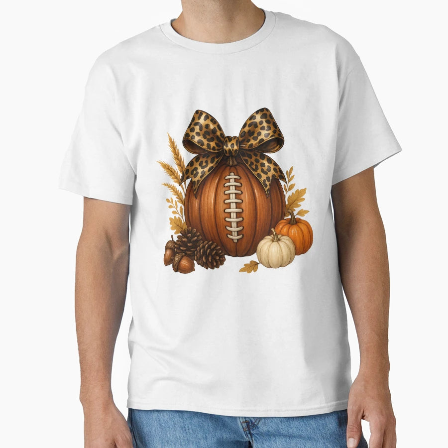 Pumpkin Football Leopard Bow Fall T-Shirt - Novelty Apparel for Adults - T-Shirt, Sweatshirt, Hoodie