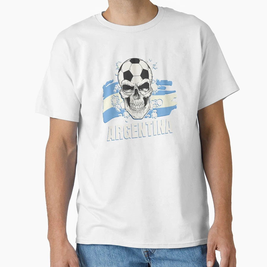 Argentina Flag Skull Soccer T-Shirt - Casual Everyday Wear for Adults - T-Shirt, Sweatshirt, Hoodie