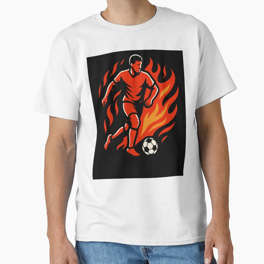 Soccer Player Ball Flames Running T-Shirt - Unique Graphic for Adults - T-Shirt, Sweatshirt, Hoodie
