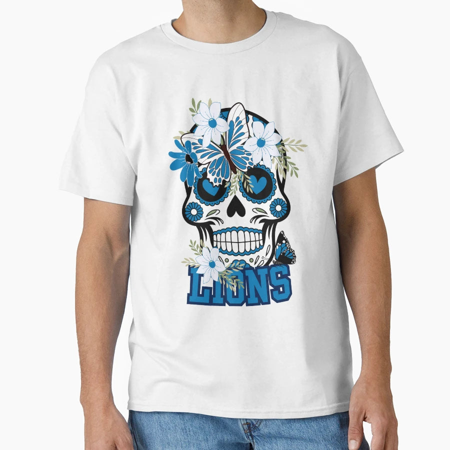 Detroit Lions Scull T-Shirt - Aesthetic Graphic for Adults - T-Shirt, Sweatshirt, Hoodie