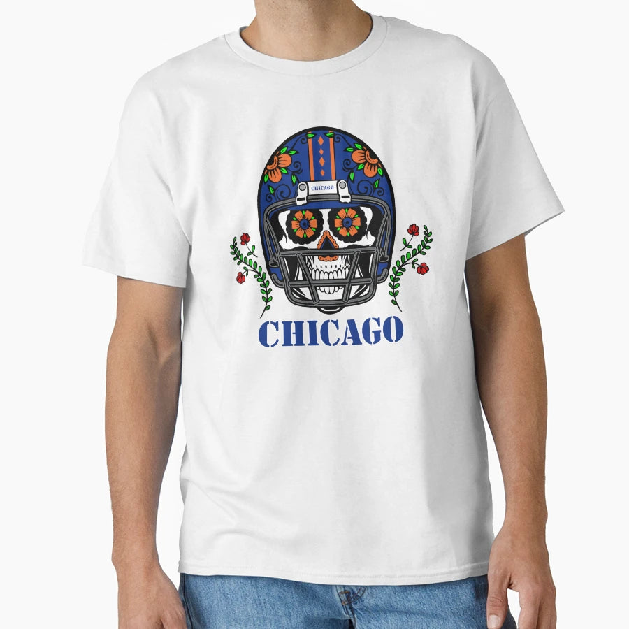 Chicago Football Helmet Sugar Skull Day T-Shirt - Custom Art Print Unisex - T-Shirt, Sweatshirt, Hoodie
