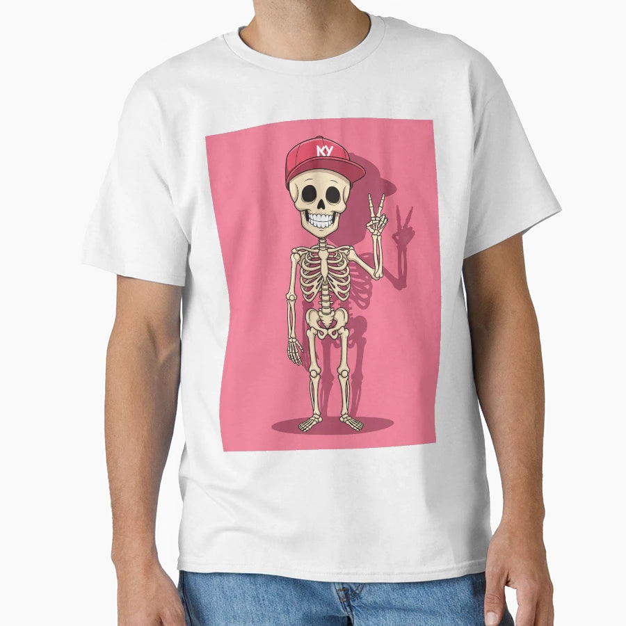 Cartoon Skeleton Ny Cap And Peace Sign T-Shirt - Custom Art Print Men Women - T-Shirt, Sweatshirt, Hoodie