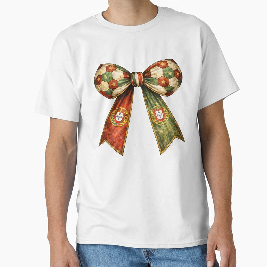 Patriotic Soccer Ball Portugal Flag Bow T-Shirt - Novelty Apparel Unisex - T-Shirt, Sweatshirt, Hoodie