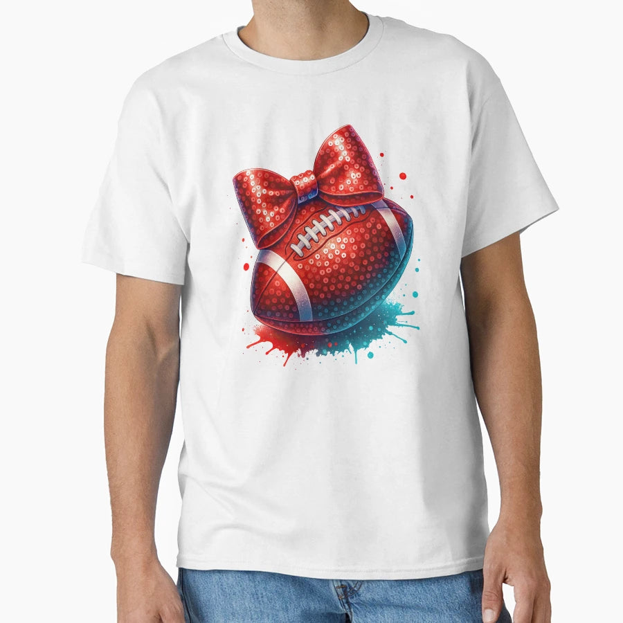 Sparkly Red Football Sequin Bow And T-Shirt - Aesthetic Graphic for Adults - T-Shirt, Sweatshirt, Hoodie