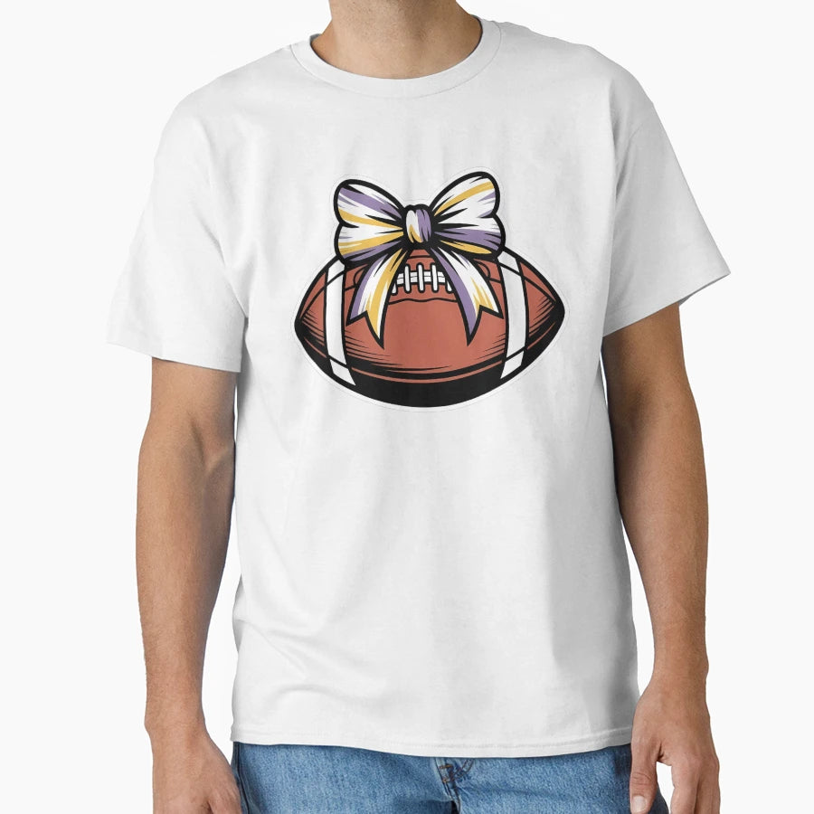 Purple Yellow Gold Football Coquette Bow T-Shirt - Graphic Print Men Women - T-Shirt, Sweatshirt, Hoodie