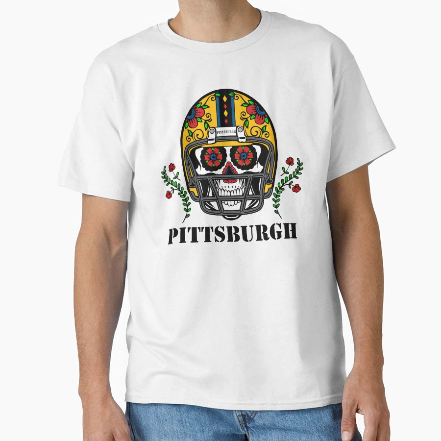 Pittsburgh Football Helmet Sugar Skull T-Shirt - Unique Graphic Men Women - T-Shirt, Sweatshirt, Hoodie