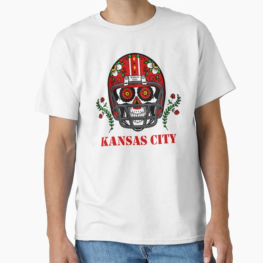 Kansas City Football Helmet Sugar Skull T-Shirt - Graphic Print for Adults - T-Shirt, Sweatshirt, Hoodie