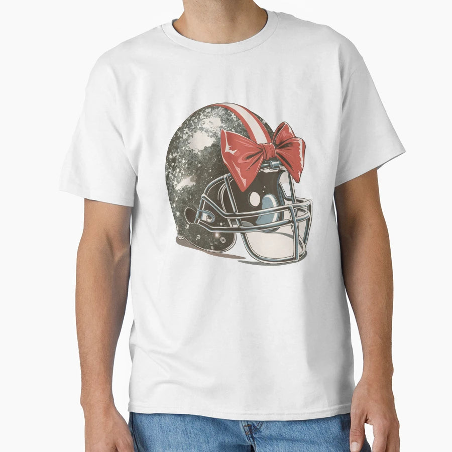 Sparkling Football Helmet Red Bow T-Shirt - Aesthetic Graphic for Adults - T-Shirt, Sweatshirt, Hoodie