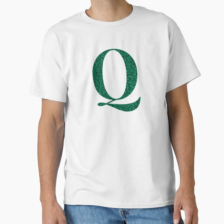 Letter Q Emerald Dark Green Glitter T-Shirt - Graphic Print for Adults - T-Shirt, Sweatshirt, Hoodie