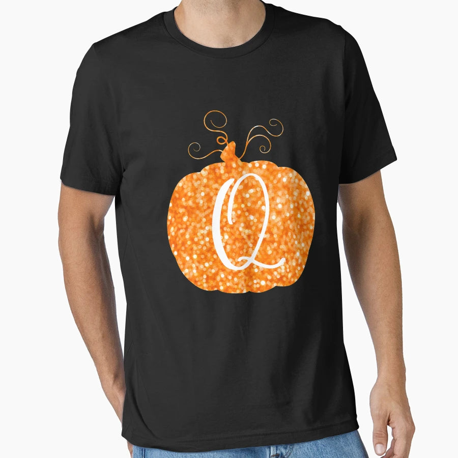 Letter Q Names Pumpkin Monogram Glitter T-Shirt - Graphic Print for Adults - T-Shirt, Sweatshirt, Hoodie