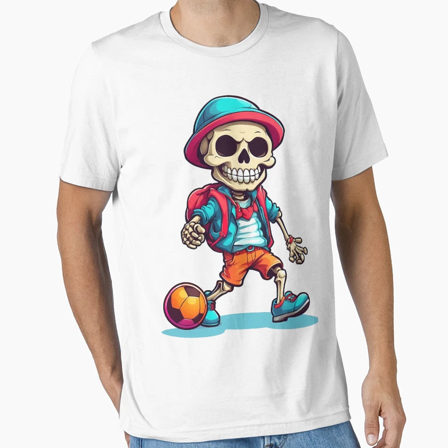 Cartoon Skull Playing Soccer T-Shirt - Minimalist Print Unisex - T-Shirt, Sweatshirt, Hoodie