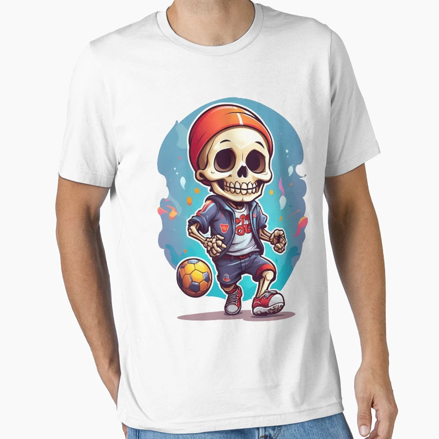 Cartoon Skull Playing Soccer T-Shirt - Casual Everyday Wear Men Women - T-Shirt, Sweatshirt, Hoodie