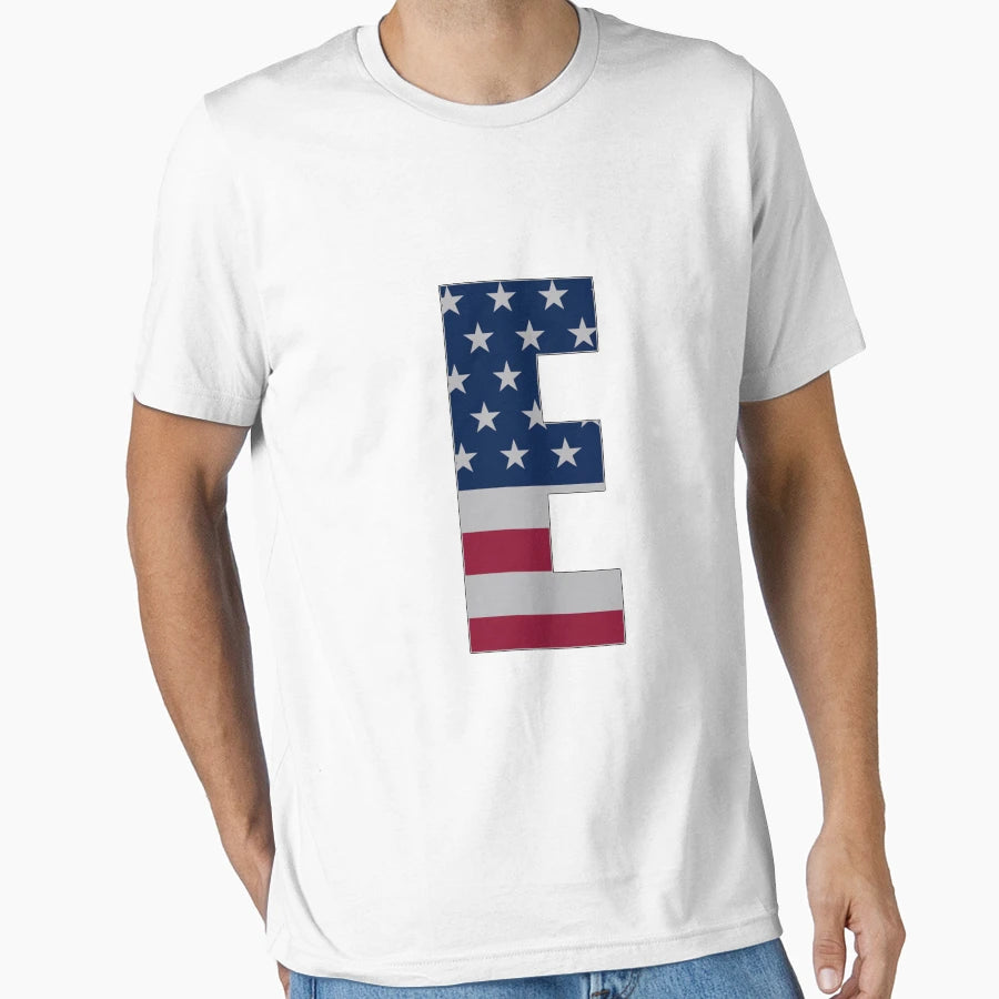 Us Flag Monogram Letter E 4Th July Stars T-Shirt - Minimalist Print Unisex - T-Shirt, Sweatshirt, Hoodie