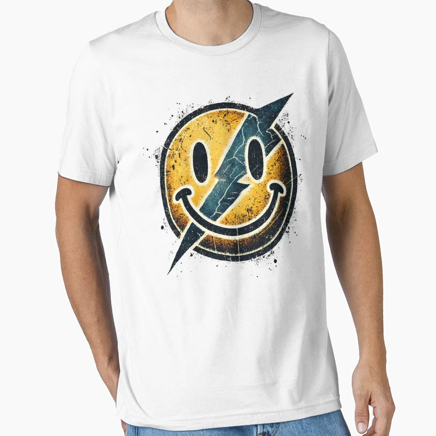 Lightning Bolt Smiley Distressed T-Shirt - Casual Everyday Wear Men Women - T-Shirt, Sweatshirt, Hoodie