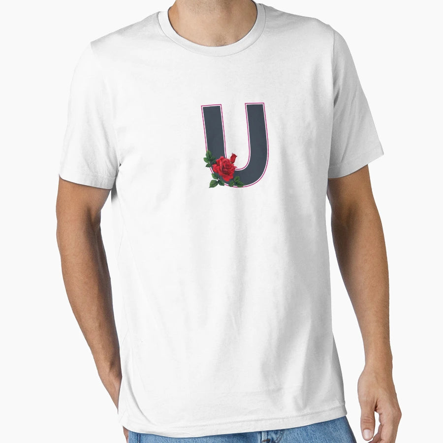 Rose Initial U Letter Romantic Gift T-Shirt - Minimalist Print for Adults - T-Shirt, Sweatshirt, Hoodie