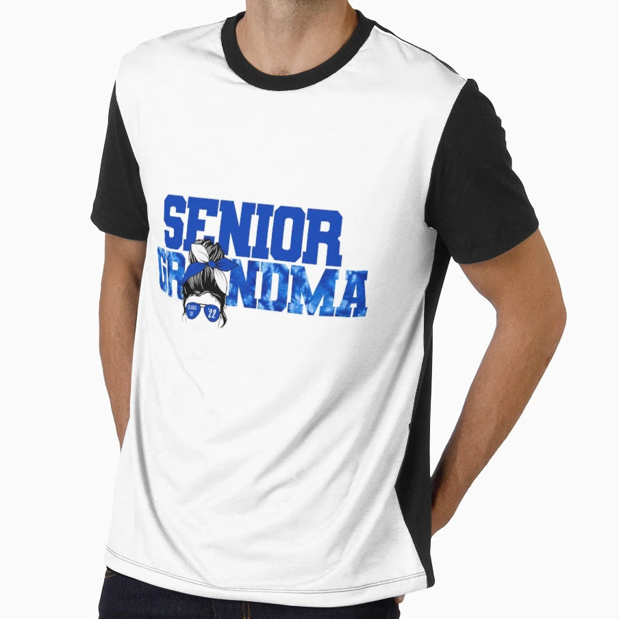 Senior Grandma Blue White Messy Bun T-Shirt - Trendy Graphic for Adults - T-Shirt, Sweatshirt, Hoodie
