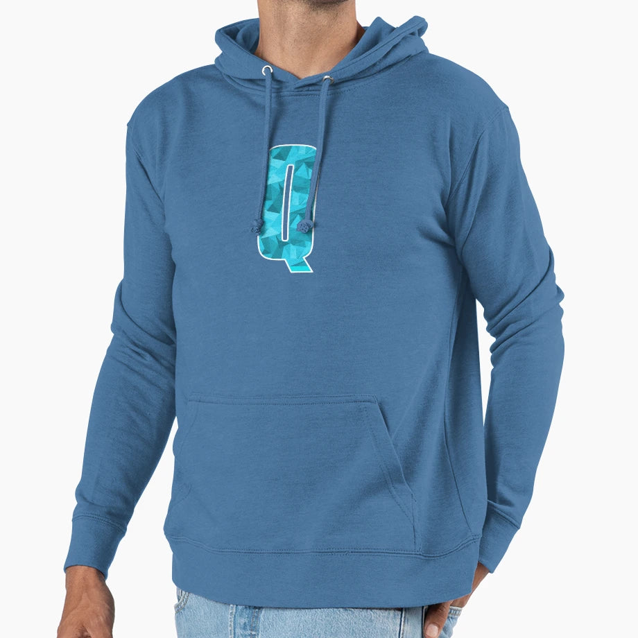 Letter Q Monogram Letter Art Cyan Blue Hoodie - Novelty Apparel for Adults - T-Shirt, Sweatshirt, Hoodie