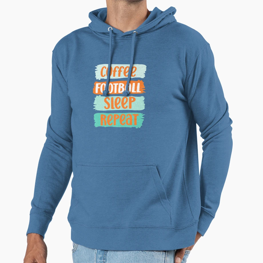 Coffee Football Sleep Repeat Slogan Blue Hoodie - Unique Graphic Men Women - T-Shirt, Sweatshirt, Hoodie