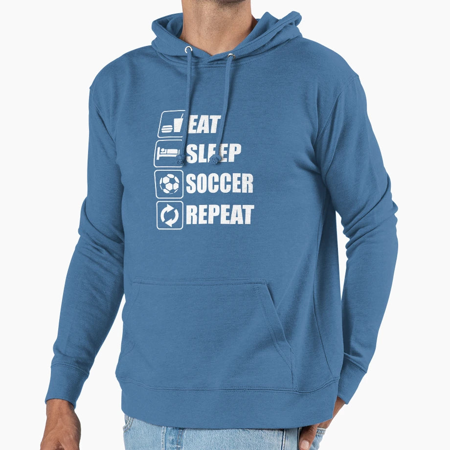 Eat Sleep Soccer Repeat Hoodie - Aesthetic Graphic for Adults - T-Shirt, Sweatshirt, Hoodie