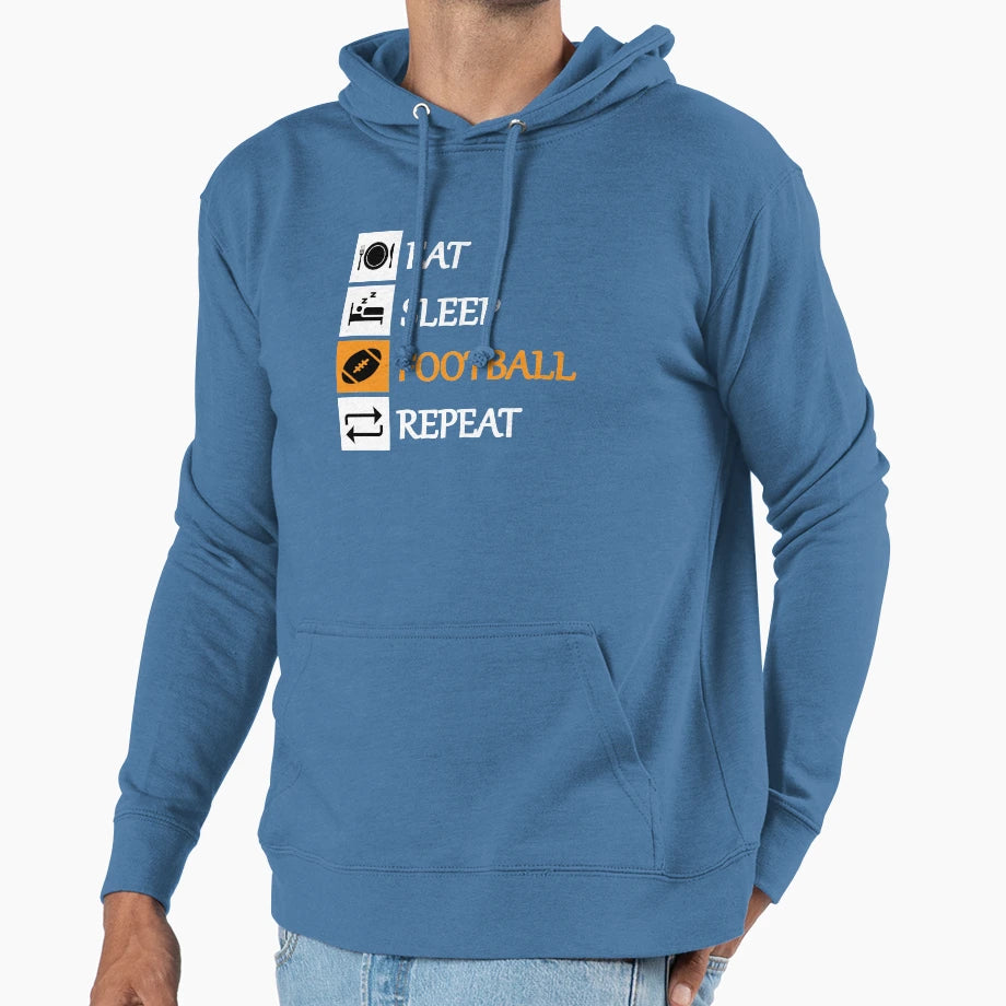Eat Sleep Football Repeat Hoodie - Unique Graphic Men Women - T-Shirt, Sweatshirt, Hoodie