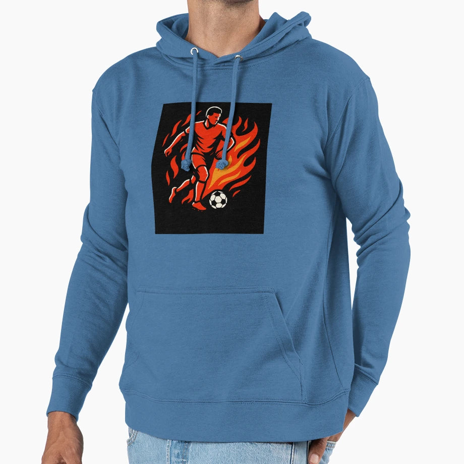 Soccer Player Ball Flames Running Hoodie - Novelty Apparel for Adults - T-Shirt, Sweatshirt, Hoodie