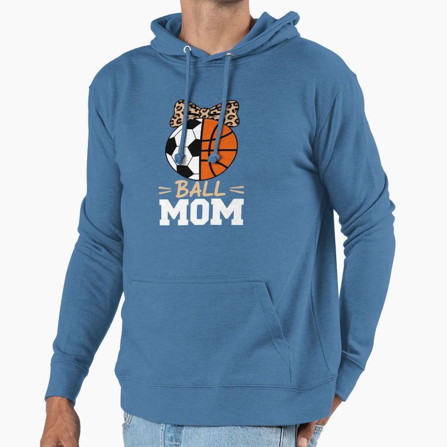 Ball Mom Soccer Basketball Leopard Mom Hoodie - Graphic Print Men Women - T-Shirt, Sweatshirt, Hoodie