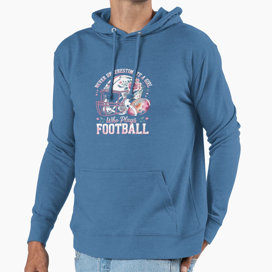 Football Never Underestimate Who Hoodie - Minimalist Print for Adults - T-Shirt, Sweatshirt, Hoodie