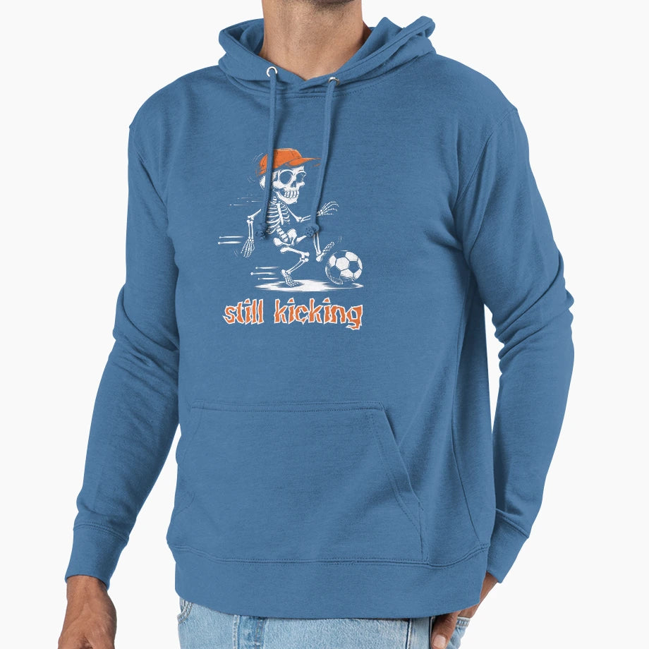 Skeleton Playing Soccer Still Hoodie - Fun Novelty Design for Adults - T-Shirt, Sweatshirt, Hoodie