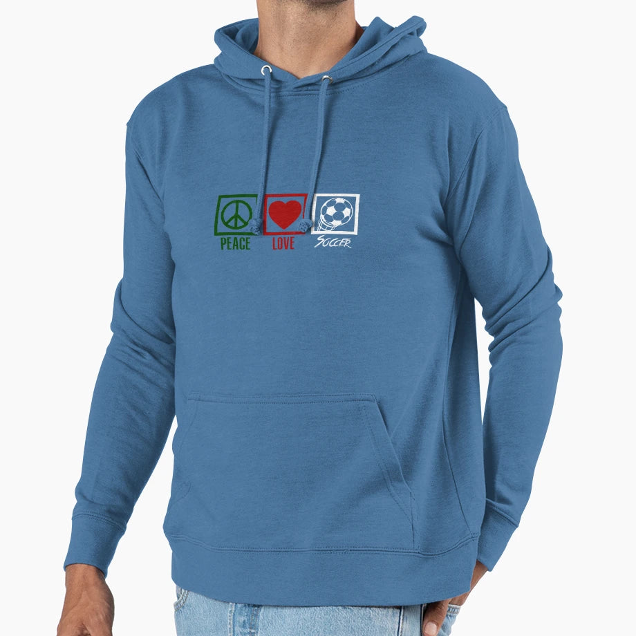 Peace Love And Soccer World Cup Fun Hoodie - Novelty Apparel Unisex - T-Shirt, Sweatshirt, Hoodie