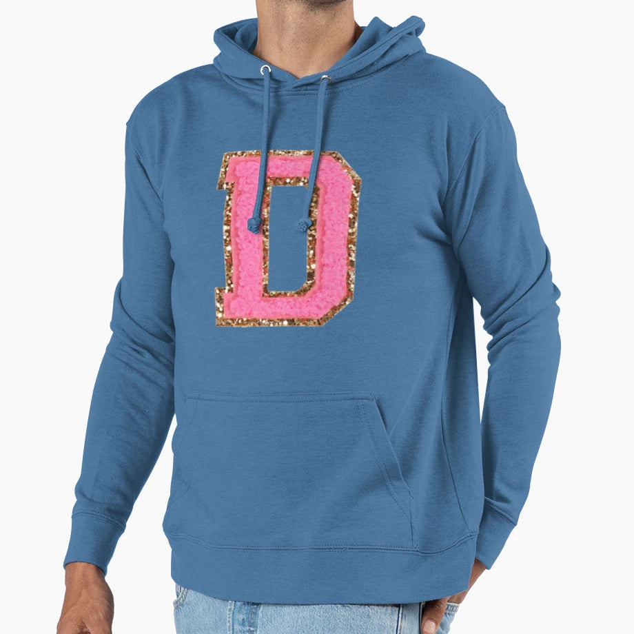 D Bubblegum Glitter Varsity Letter Patches Hoodie - Minimalist Print Unisex - T-Shirt, Sweatshirt, Hoodie