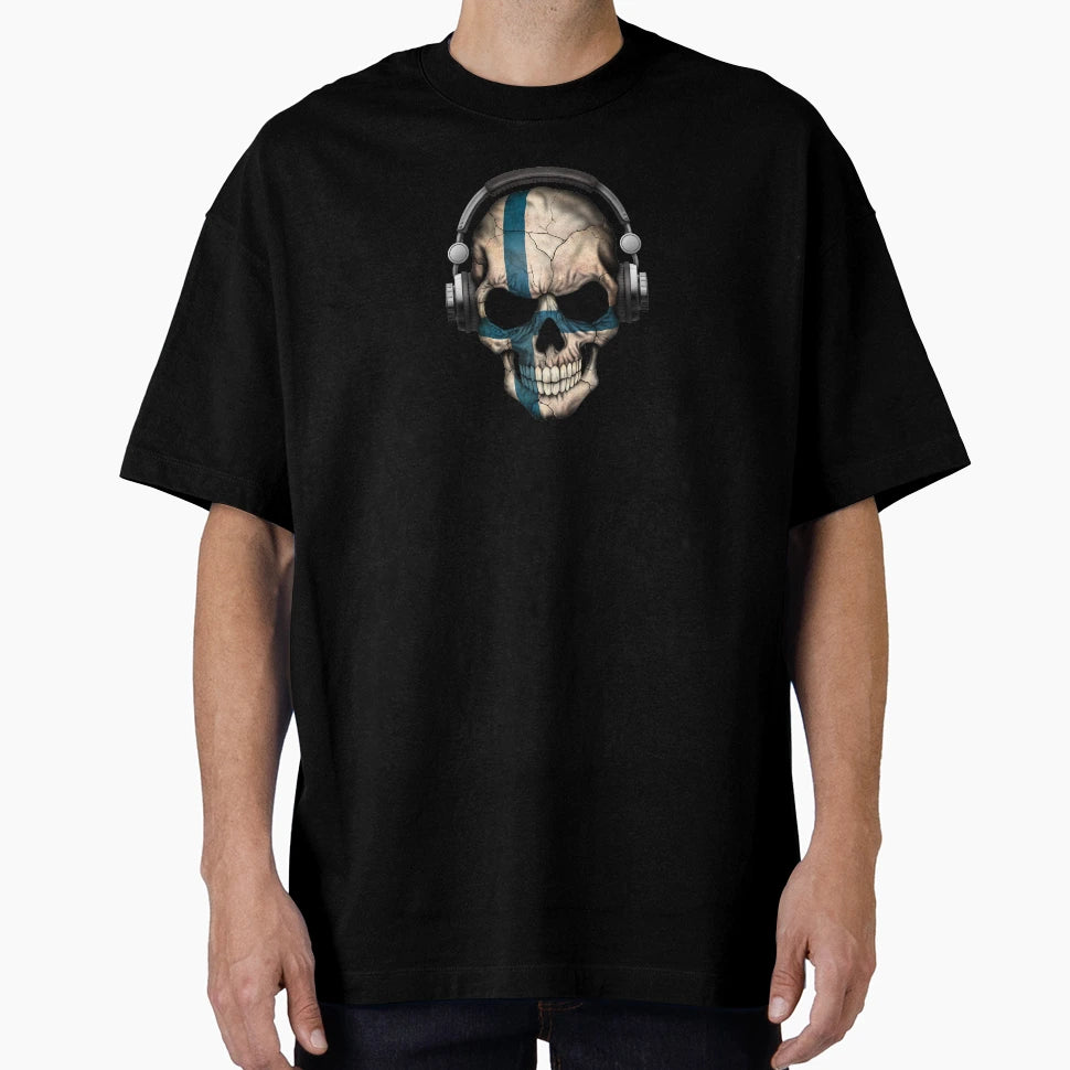 Dj Skull Finnish Flag T-Shirt - Novelty Apparel for Adults - T-Shirt, Sweatshirt, Hoodie