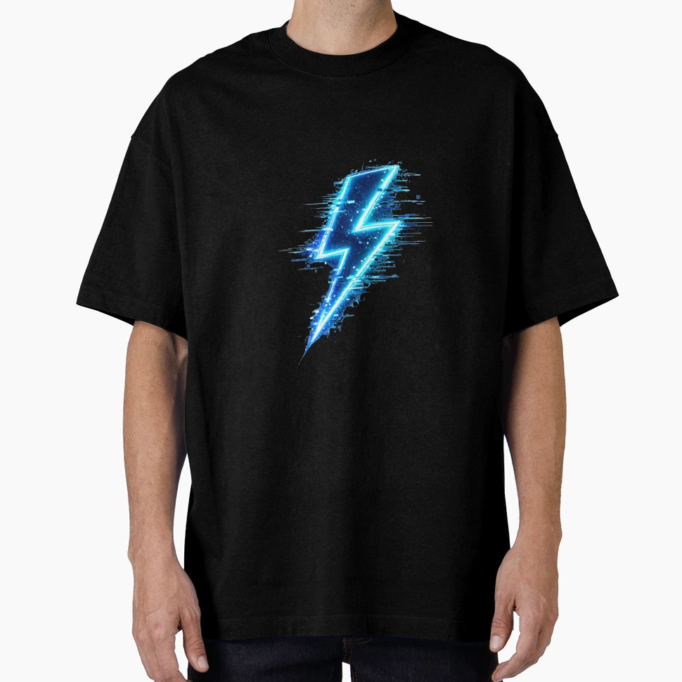 Glitch Lightning Bolt Blue Neon T-Shirt - Custom Art Print Unisex - T-Shirt, Sweatshirt, Hoodie