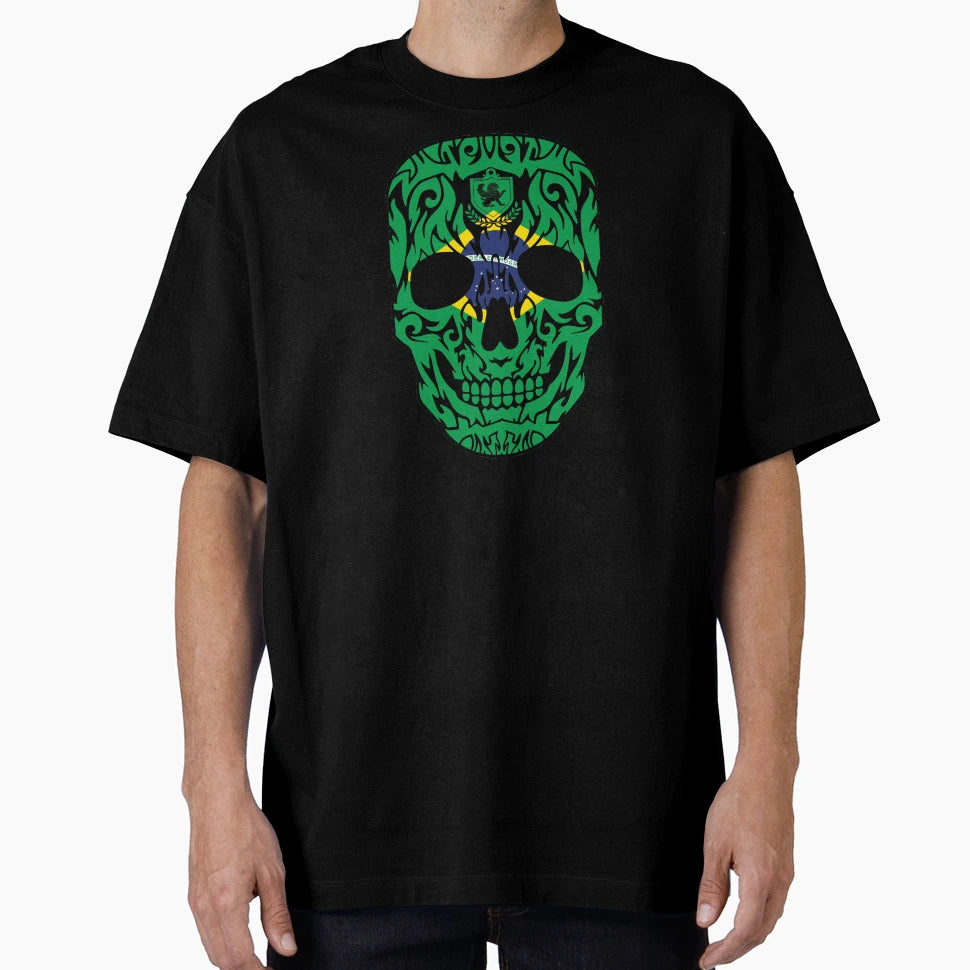 Skull Brazil Flag T-Shirt - Casual Everyday Wear for Adults - T-Shirt, Sweatshirt, Hoodie