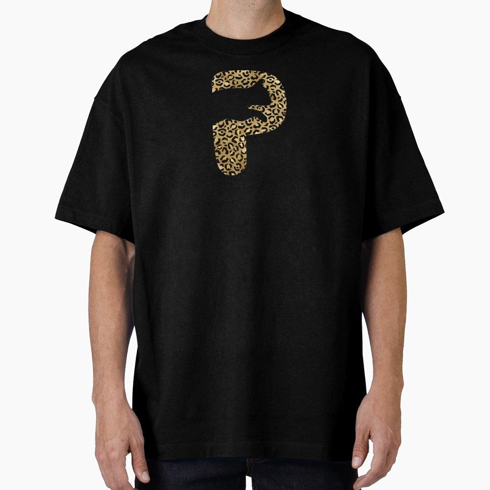 Letter P Black And Gold Leopard Cat T-Shirt - Novelty Apparel for Adults - T-Shirt, Sweatshirt, Hoodie
