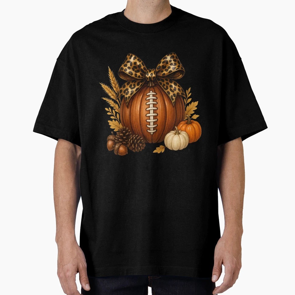 Pumpkin Football Leopard Bow Fall T-Shirt - Graphic Print for Adults - T-Shirt, Sweatshirt, Hoodie