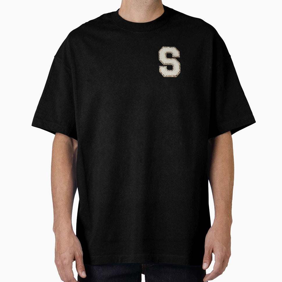 S Blanc Glitter Varsity Letter Patches T-Shirt - Novelty Apparel for Adults - T-Shirt, Sweatshirt, Hoodie