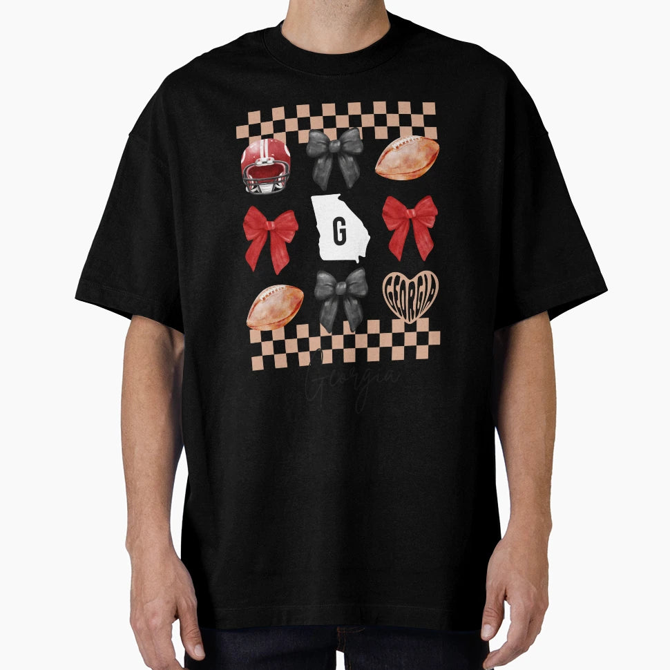 Bows Checkerboard And Georgia Football T-Shirt - Unique Graphic Unisex - T-Shirt, Sweatshirt, Hoodie
