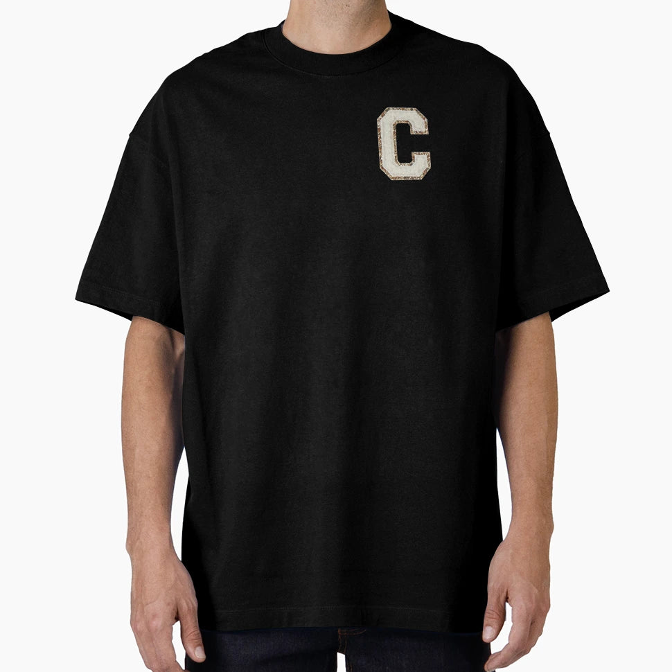 C Blanc Glitter Varsity Letter Patches T-Shirt - Trendy Graphic for Adults - T-Shirt, Sweatshirt, Hoodie